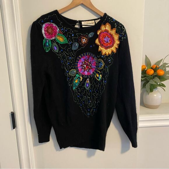 Vintage Cedars Black Embellished Beaded Sequin Silk Angora Sweater Small - Picture 8 of 12